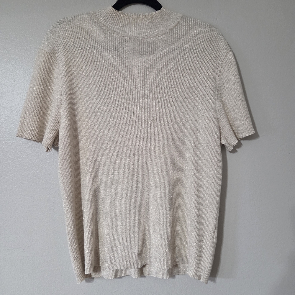 Sag Harbor Women's XL Beige Top, Sweater, Pullover Mock Neck, Gold Glittery Top